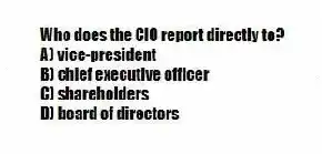 Who does the CIO report directly to?
A) vice-president
B) chief executive officer
C) shareholders
D) board of directors