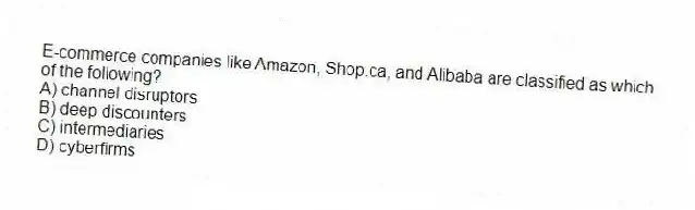 E-commerce companies like Amazon, Shop.ca, and Alibaba are classified as which of the following?
A) channel disruptors
B) deep discounters
C) intermediaries
D) cyberfirms