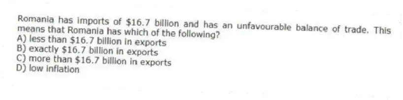 Romania has imports of $16.7 billion and has an unfavourable balance of trade. This means that Romania has which of the following?
A) less than $16.7 billion in exports
B) exactly $16.7 billion in exports
C) more than $16.7 billion in exports
D) low inflation