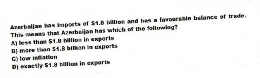 Azerbaijan has imports of $1.8 billion and has a favourable balance of trade. This means that Azerbaijan has which of the following?
A) less than $1.8 billion in exports
B) more than $1.8 billion in exports
C) low inflation
D) exactly $1.8 billion in exports