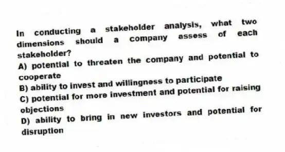 In conducting a stakeholder analysis, what two dimensions should a company assess of each stakeholder?
A) potential to threaten the company and potential to cooperate
B) ability to invest and willingness to participate
C) potential for more investment and potential for raising objections
D) ability to bring in new investors and potential for disruption