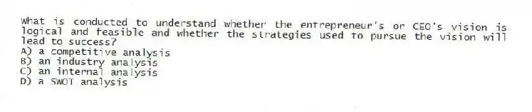 What is conducted to understand whether the entrepreneur's or CEO's vision is logical and feasible and whether the strategies used to pursue the vision will lead to success?
A) a competitive analysis
B) an industry analysis
C) an internal analysis
D) a SWOT analysis