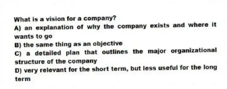 What is a vision for a company?
A) an explanation of why the company exists and where it wants to go
B) the same thing as an objective
C) a detailed plan that outlines the major organizational structure of the company
D) very relevant for the short term, but less useful for the long term