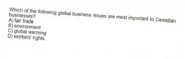 Which of the following global business issues are most important to Canadian businesses?
A) fair trade
B) environment
C) global warming
D) workers' rights
