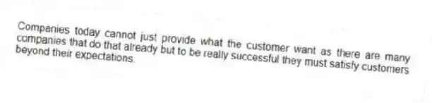 Companies today cannot just provide what the customer want as there are many companies that do that already but to be really successful they must satisfy customers beyond their expectations.