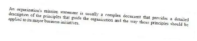 An organization's mission statement is usually a complex document that provides a detailed description of the principles that guide the organization and the way those principles should be applied to its major business initiatives.