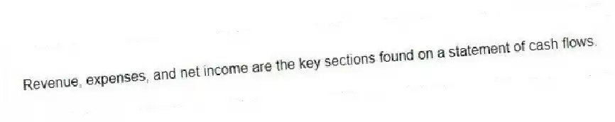 Revenue, expenses, and net income are the key sections found on a statement of cash flows.