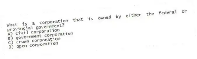 What is a corporation that is owned by either the federal or provincial government?
A) civil corporation
B) government corporation
C) crown corporation
D) open corporation