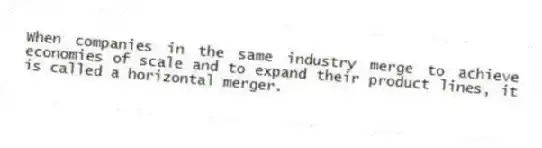 When companies in the same industry merge to achieve economies of scale and to expand their product lines, it is called a horizontal merger.