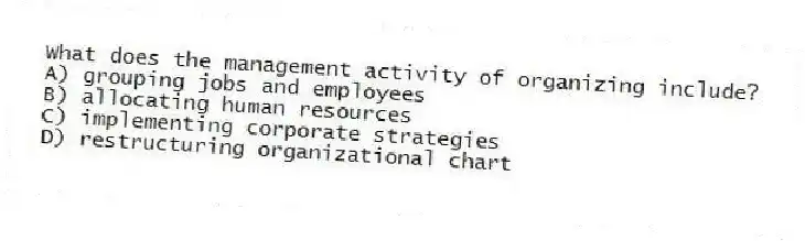 What does the management activity of organizing include?
A) grouping jobs and employees
B) allocating human resources
C) implementing corporate strategies
D) restructuring organizational chart