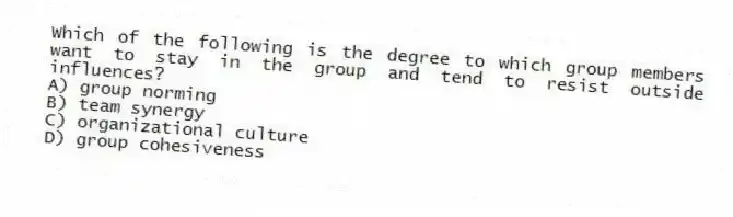 Which of the following is the degree to which group members want to stay in the group and tend to resist outside influences?
A) group norming
B) team synergy
C) organizational culture
D) group cohesiveness