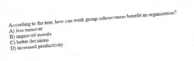 According to the text, how can work group cohesiveness benefit an organization?
A) less turnover
B) improved morale
C) better decisions
D) increased productivity