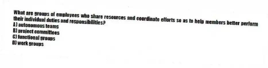 What are groups of employees who share resources and coordinate efforts so as to help members better perform their individual duties and responsibilities?
A) autonomous teams
B) project committees
C) functional groups
D) work groups