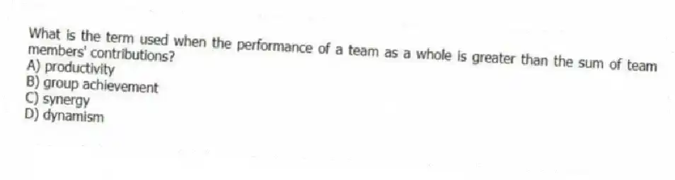 What is the term used when the performance of a team as a whole is greater than the sum of team members' contributions?
A) productivity
B) group achievement
C) synergy
D) dynamism