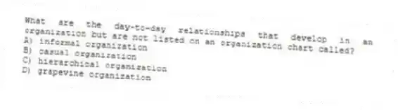 What are the day-to-day relationships that develop in an organization but are not listed on an organization chart called?
A) informal organization
B) casual organization
C) hierarchical organization
D) grapevine organization