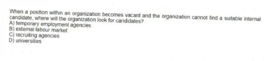 When a position within an organization becomes vacant and the organization cannot find a suitable internal candidate, where will the organization look for candidates?
A) temporary employment agencies
B) external labour market
C) recruiting agencies
D) universities