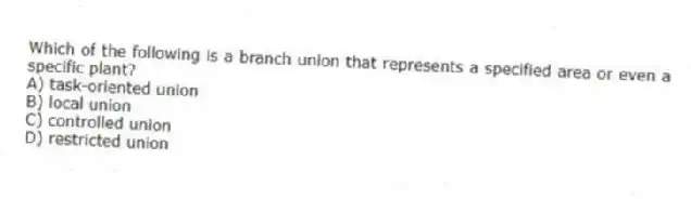 Which of the following is a branch union that represents a specified area or even a specific plant?
A) task-oriented union
B) local union
C) controlled union
D) restricted union