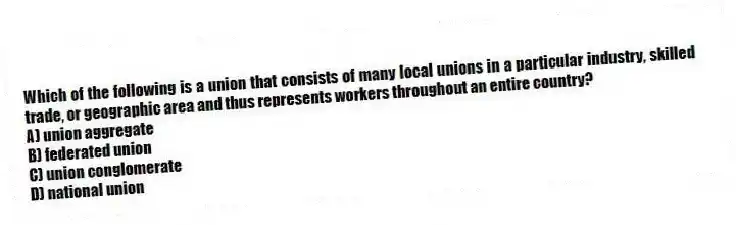 Which of the following is a union that consists of many local unions in a particular industry, skilled trade, or geographic area and thus represents workers throughout an entire country?
A) union aggregate
B) federated union
C) union conglomerate
D) national union