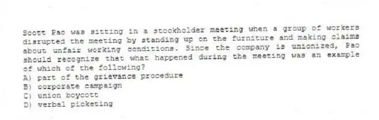 Scott Pao was sitting in a stockholder meeting when a group of workers disrupted the meeting by standing up on the furniture and making claims about unfair working conditions. Since the company is unionized, Pao should recognize that what happened during the meeting was an example of which of the following?
A) part of the grievance procedure
B) corporate campaign
C) union boycott
D) verbal picketing