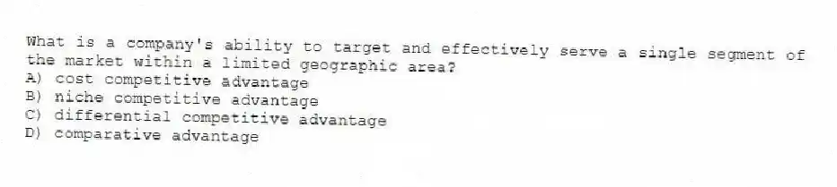 What is a company's ability to target and effectively serve a single segment of the market within a limited geographic area?
A) cost competitive advantage
B) niche competitive advantage
C) differential competitive advantage
D) comparative advantage