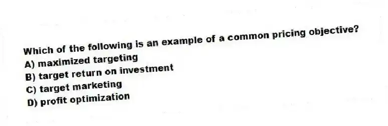 Which of the following is an example of a common pricing objective?
A) maximized targeting
B) target return on investment
C) target marketing
D) profit optimization