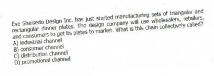 Eve Sheisedo Design Inc. has just started manufacturing sets of triangular and rectangular dinner plates. The design company will use wholesalers, retailers, and consumers to get its plates to market. What is this chain collectively called?
A) industrial channel
B) consumer channel
C) distribution channel
D) promotional channel
