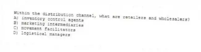 Within the distribution channel, what are retailers and wholesalers?
A) inventory control agents
B) marketing intermediaries
C) movement facilitators
D) logistical managers