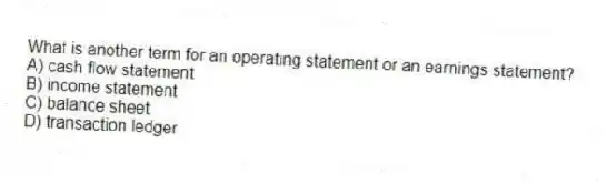 What is another term for an operating statement or an earnings statement?
A) cash flow statement
B) income statement
C) balance sheet
D) transaction ledger