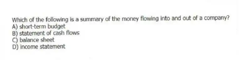 Which of the following is a summary of the money flowing into and out of a company?
A) short-term budget
B) statement of cash flows
C) balance sheet
D) income statement