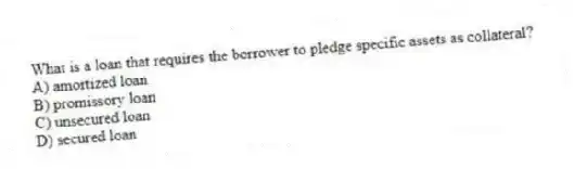 What is a loan that requires the borrower to pledge specific assets as collateral?
A) amortized loan
B) promissory loan
C) unsecured loan
D) secured loan