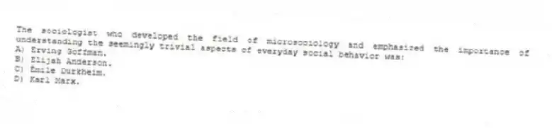 The sociologist who developed the field of microsociology and emphasized the importance of understanding the seemingly trivial aspects of everyday social behavior was:
A) Erving Goffman.
B) Elijah Anderson.
C) Émile Durkheim.
D) Karl Marx.