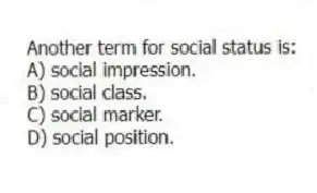 Another term for social status is:
A) social impression.
B) social class.
C) social marker.
D) social position.