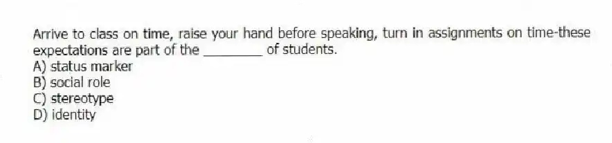 Arrive to class on time, raise your hand before speaking, turn in assignments on time-these expectations are part of the ________ of students.
A) status marker
B) social role
C) stereotype
D) identity