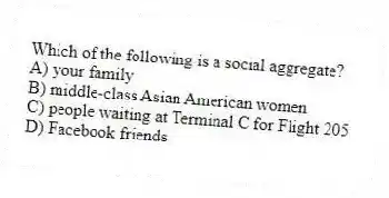 Which of the following is a social aggregate?
A) your family
B) middle-class Asian American women
C) people waiting at Terminal C for Flight 205
D) Facebook friends