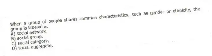 When a group of people shares common characteristics, such as gender or ethnicity, the group is labeled a:
A) social network.
B) social group.
C) social category.
D) social aggregate.