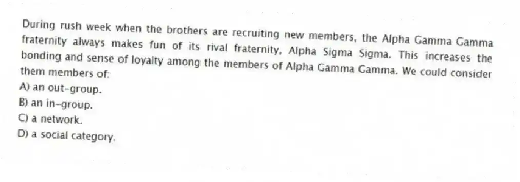 During rush week when the brothers are recruiting new members, the Alpha Gamma Gamma fraternity always makes fun of its rival fraternity, Alpha Sigma Sigma. This increases the bonding and sense of loyalty among the members of Alpha Gamma Gamma. We could consider them members of:
A) an out-group.
B) an in-group.
C) a network.
D) a social category.