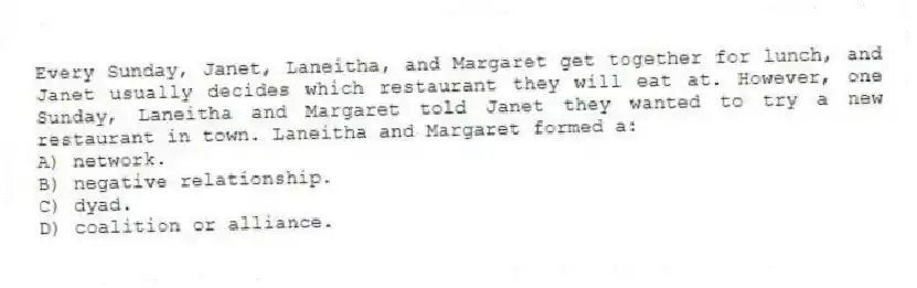Every Sunday, Janet, Laneitha, and Margaret get together for lunch, and Janet usually decides which restaurant they will eat at. However, one Sunday, Laneitha and Margaret told Janet they wanted to try a new restaurant in town. Laneitha and Margaret formed a:
A) network.
B) negative relationship.
C) dyad.
D) coalition or alliance.