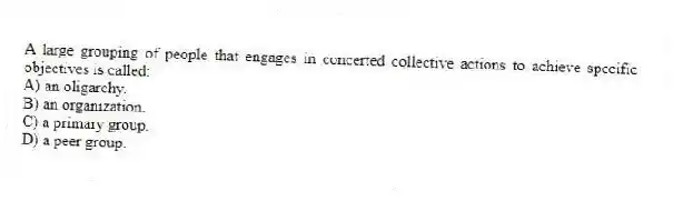 A large grouping of people that engages in concerted collective actions to achieve specific objectives is called:
A) an oligarchy.
B) an organization.
C) a primary group.
D) a peer group.