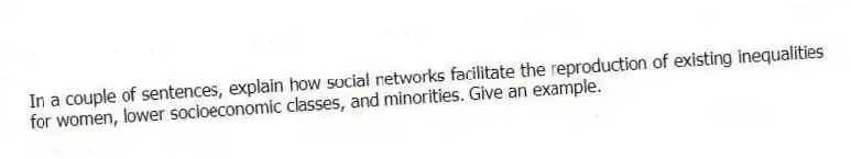 In a couple of sentences, explain how social networks facilitate the reproduction of existing inequalities for women, lower socioeconomic classes, and minorities. Give an example.