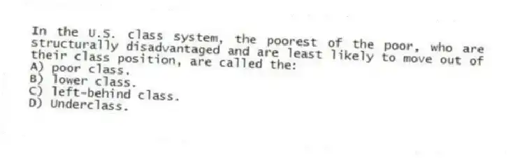 In the U.S. class system, the poorest of the poor, who are structurally disadvantaged and are least likely to move out of their class position, are called the:
A) poor class.
B) lower class.
C) left-behind class.
D) Underclass.