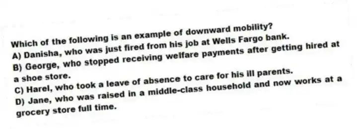 Which of the following is an example of downward mobility?
A) Danisha, who was just fired from his job at Wells Fargo bank.
B) George, who stopped receiving welfare payments after getting hired at a shoe store.
C) Harel, who took a leave of absence to care for his ill parents.
D) Jane, who was raised in a middle-class household and now works at a grocery store full time.