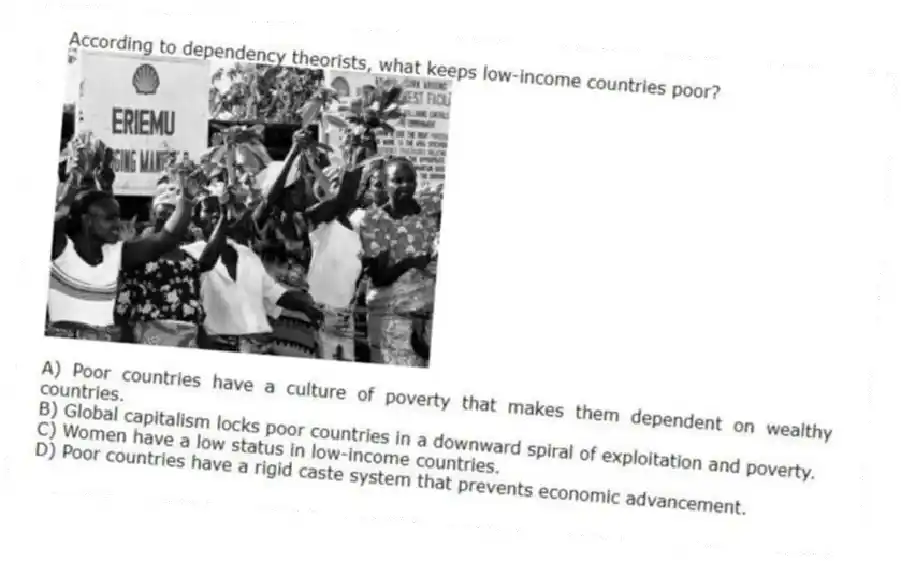 According to dependency theorists, what keeps low-income countries poor?
A) Poor countries have a culture of poverty that makes them dependent on wealthy countries.
B) Global capitalism locks poor countries in a downward spiral of exploitation and poverty.
C) Women have a low status in low-income countries.
D) Poor countries have a rigid caste system that prevents economic advancement.