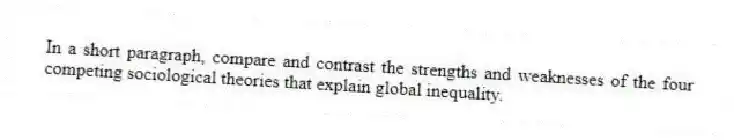 In a short paragraph, compare and contrast the strengths and weaknesses of the four competing sociological theories that explain global inequality.