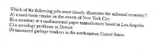 Which of the following jobs most closely illustrates the informal economy?
A) a used-book vendor on the streets of New York City
B) a secretary at a multinational paper manufacturer based in Los Angeles
C) a sociology professor in Detroit
D) unionized garbage workers in the northeastern United States