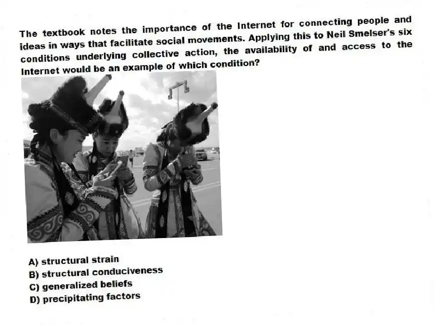The textbook notes the importance of the Internet for connecting people and ideas in ways that facilitate social movements. Applying this to Neil Smelser's six conditions underlying collective action, the availability of and access to the Internet would be an example of which condition?
A) structural strain
B) structural conduciveness
C) generalized beliefs
D) precipitating factors