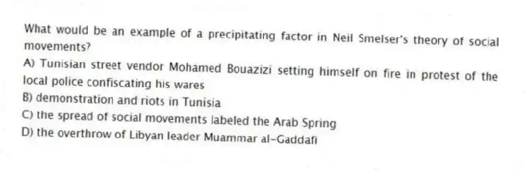 What would be an example of a precipitating factor in Neil Smelser's theory of social movements?
A) Tunisian street vendor Mohamed Bouazizi setting himself on fire in protest of the local police confiscating his wares
B) demonstration and riots in Tunisia
C) the spread of social movements labeled the Arab Spring
D) the overthrow of Libyan leader Muammar al-Gaddafi