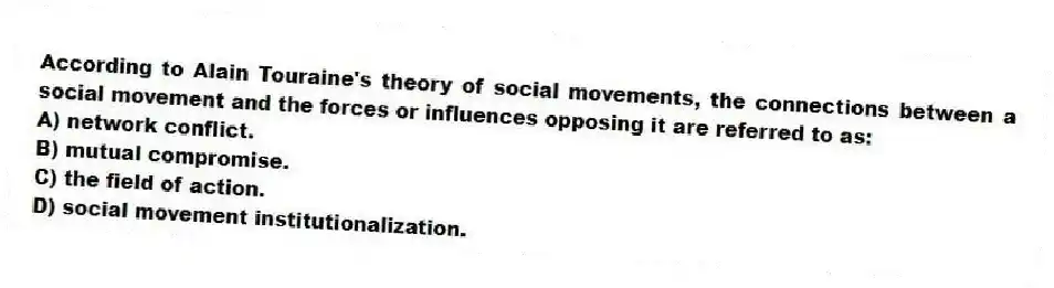According to Alain Touraine's theory of social movements, the connections between a social movement and the forces or influences opposing it are referred to as:
A) network conflict.
B) mutual compromise.
C) the field of action.
D) social movement institutionalization.