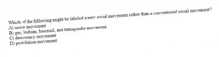 Which of the following might be labeled a new social movement rather than a conventional social movement?
A) union movement
B) gay, lesbian, bisexual, and transgender movement
C) democracy movement
D) prohibition movement