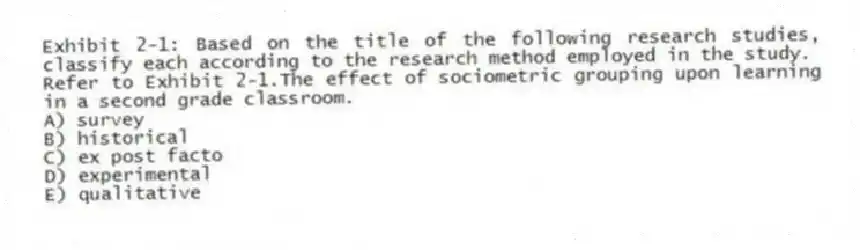 Exhibit 2-1: Based on the title of the following research studies, classify each according to the research method employed in the study.
-Refer to Exhibit 2-1.The effect of sociometric grouping upon learning in a second grade classroom.
A) survey
B) historical
C) ex post facto
D) experimental
E) qualitative