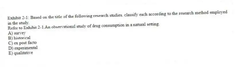 Exhibit 2-1: Based on the title of the following research studies, classify each according to the research method employed in the study.
-Refer to Exhibit 2-1.An observational study of drug consumption in a natural setting.
A) survey
B) historical
C) ex post facto
D) experimental
E) qualitative